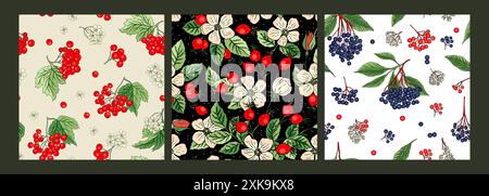 set of detailed seamless vector patterns of garden forest berries and rosehip flowers Viburnum rowan red berries and flower compositions Stock Vector