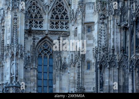 Wien, Austria - October 28, 2023 : Detailed stonework and intricate arches adorn the facade of a cathedral in Vienna, Austria. Stock Photo