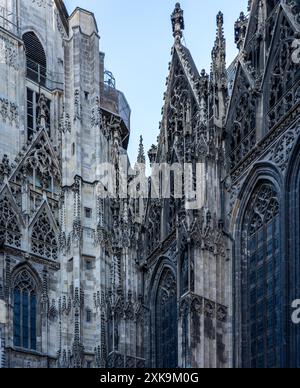 Wien, Austria - October 28, 2023 : Detailed stonework and intricate gothic windows of St. Stephen's Cathedral in Vienna, Austria. Stock Photo