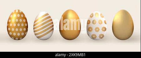 3D illustration vector golden white eggs with flowers and stripes Easter decoration set Stock Vector
