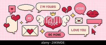 Set of pixel speech bubbles, heart with wings, red lips, dialogue boxes different shapes. Chat message frames and cute love sticker in 8bit retro style. Pixelated email envelope, valentine's day icons Stock Vector