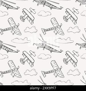 Retro air planes in clouds black white line on seamless pattern. Endless vector background with simple monochrome helicopter, biplane contour hand Stock Vector