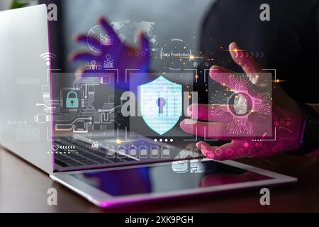 Data protection from hackers. Network security system. Personal Data information on Tablet.Information and cyber security Technology Services. Interne Stock Photo