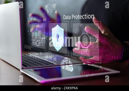 Internet Technology, cyber security digital crime concept. Data protection from hackers. Network security system. Personal Data information on Tablet. Stock Photo