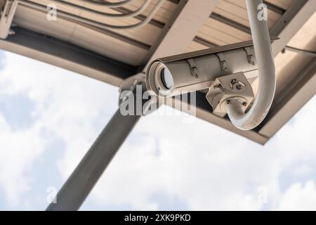 IP CCTV camera install by have water proof cover to protect camera with home security system concept with blur background. CCTV cameras are installed Stock Photo