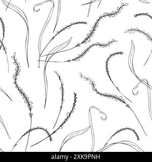 Botanical seamless pattern foliage with stems black white vector. Thin branches with leaves monochrome outline endless background isolated. Plants Stock Vector