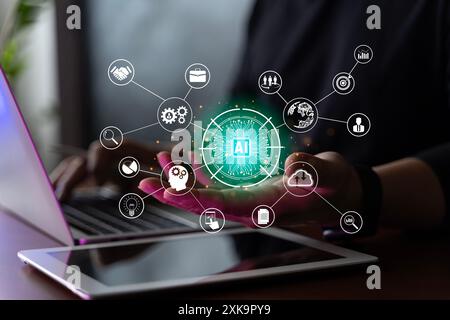 Ai tech, businessman show virtual graphic Global Internet connect Chatgpt Chat with AI, Artificial Intelligence. using command prompt for generates so Stock Photo