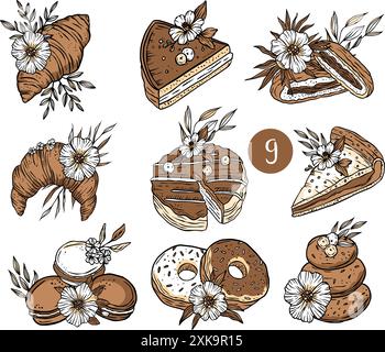 Vintage ornate vector set of baked goods croissant cake piece of pie donuts pasta cookies with flowers with flowers. Floral bakery icons Stock Vector