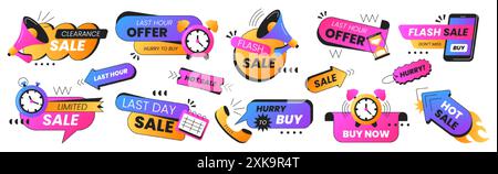 Last time offer badge set in vibrant colors. Clearance sale labels with timer, calendar, stopwatch, phone and loudspeaker icon. Hot price, big promo stickers. Best discount, limited special promotion. Stock Vector