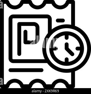 Black and white icon of a parking ticket showing time limit with clock icon Stock Vector
