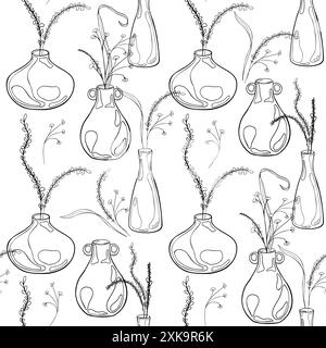 Pottery with foliage hand drawn black white line vector seamless pattern. Vases with plants in line art. Clay jug with leaves and stems in monochrome Stock Vector