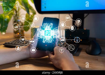 Multi exposure of mans hands holding and using a digital device and data theme drawing. Innovation concept. Double exposure of social network sketch h Stock Photo