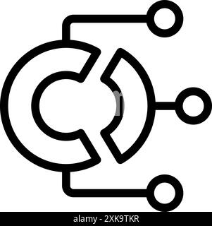 Simple, bold line icon of a pie chart connecting to three points, representing data analysis Stock Vector