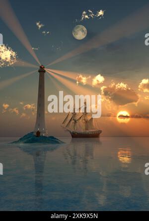 Lighthouse & Sailing Ship Stock Photo