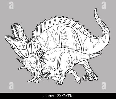 Fight between two dinosaurs. Styracosaurus fighting with the predatory dinosaur - acrocanthosaurus. Coloring page with prehistoric animals. Stock Photo