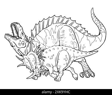 Fight between two dinosaurs. Styracosaurus fighting with the predatory dinosaur - acrocanthosaurus. Coloring page with prehistoric animals. Stock Photo