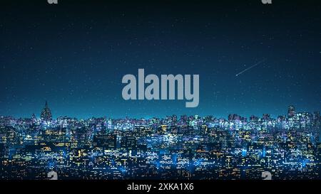 Cityscape, city buildings at night. City ​​skyline at nighttime. Night shining starry sky. Dark blue cityscape background with stars, nebula, meteor Stock Vector
