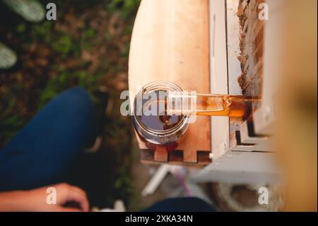 Fresh Honey dripping from the hive Stock Photo