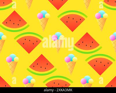 Seamless pattern with ice cream cones and watermelon slices. Ice cream balls in a waffle cone, ice cream on a stick. Triangular slices of watermelon. Stock Vector