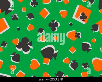 Seamless pattern with card suits: diamonds, hearts, clubs, spades in 3d style. Isometric 3d card suit symbols on green background. Design of printing, Stock Vector