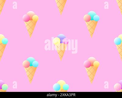 Ice cream cone seamless pattern. Ice cream in a wafer-style cone. Summer background with gradient ice cream. Design for banners, promotional products Stock Vector