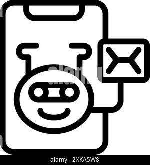 Line art icon of a chatbot smiling and showing a new message notification on a smartphone, representing customer service automation Stock Vector