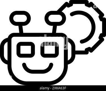 Simple line icon of a happy robot with a gear mechanism, representing artificial intelligence and problem solving Stock Vector