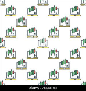 Candlestick charts on Laptop Screen vector concept colored seamless pattern Stock Vector