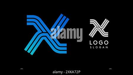 Abstract modern X logo with gradient blue stripes. Sleek, geometric design ideal for tech companies, startups, corporate branding. Professional Stock Vector