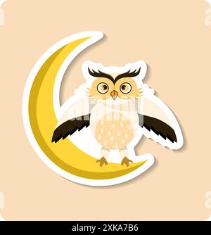 Cute owl sitting on crescent moon spreading wings at night under the stars Stock Vector