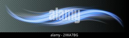 Soft blue glowing curved lines. 3D vector glossy waves. Air effect. isolated on transparent background. Stock Vector