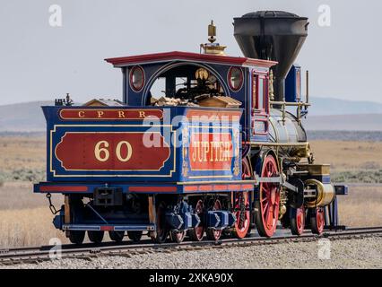 Central Pacific steam engine Jupiter operating at Golden Spike National Historical Park in Utah. Stock Photo