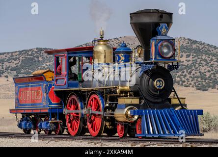 Central Pacific steam engine Jupiter operating at Golden Spike National Historical Park in Utah. Stock Photo