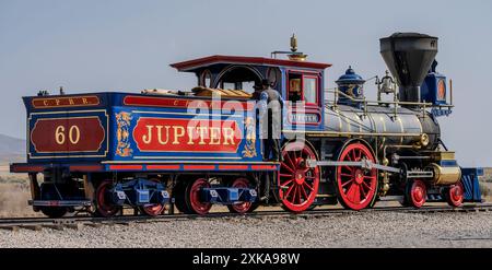 Central Pacific steam engine Jupiter operating at Golden Spike National Historical Park in Utah. Stock Photo