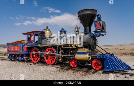 Central Pacific steam engine Jupiter operating at Golden Spike National Historical Park in Utah. Stock Photo