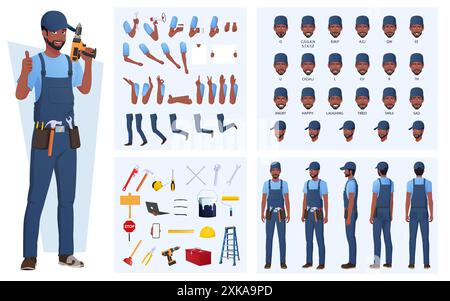 Black Maintenance Engineer Character Creation and Animation Pack, African-American Handyman Wearing Blue Overalls, Mouth Animation and Lip Sync Stock Vector