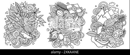 Dominica cartoon vector doodle designs set. Line art detailed compositions with lot of Dominican objects and symbols Stock Vector