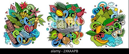 Dominica cartoon vector doodle designs set. Colorful detailed compositions with lot of Dominican objects and symbols. Isolated on white illustrations Stock Vector