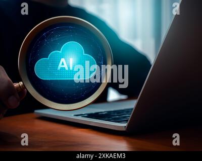 Cloud computing infrastructure technology, data system storage service concept. Digital cloud icon in magnifying glass lens in businessman hand while Stock Photo