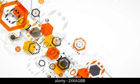 Abstract circuit board background with hexagons. Hi-tech digital technology concept. Hand drawn vector. Stock Vector