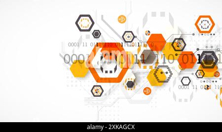 Abstract circuit board background with hexagons. Hi-tech digital technology concept. Hand drawn vector. Stock Vector
