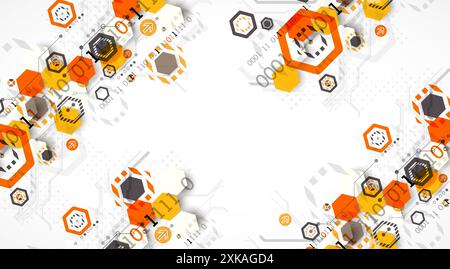 Abstract circuit board background with hexagons. Hi-tech digital technology concept. Hand drawn vector. Stock Vector