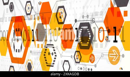 Abstract circuit board background with hexagons. Hi-tech digital technology concept. Hand drawn vector. Stock Vector