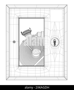 Fire hose or firehose vector icon. Include nozzle, hose reel. Extinguisher or safety equipment tool in steel box wall for firefighter to extinguish, f Stock Vector