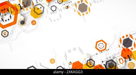 Abstract circuit board background with hexagons. Hi-tech digital technology concept. Hand drawn vector. Stock Vector