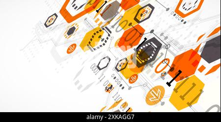 Abstract circuit board background with hexagons. Hi-tech digital technology concept. Hand drawn vector. Stock Vector