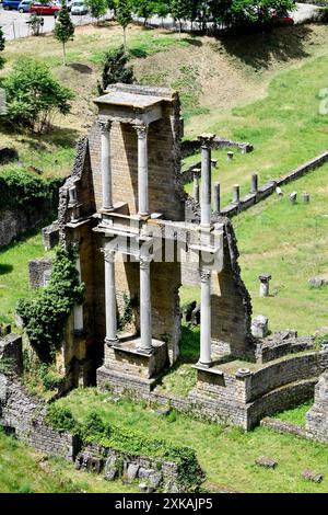 Roman Theatre amphitheater and Etruscan Acropolis of Volterra in Tuscany, Italy Stock Photo