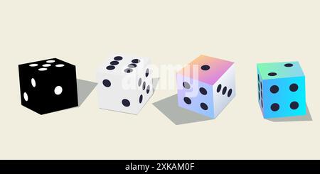 Gambling dice. Set of polyhedral game cubes white, black, colorful in isometric view. To play in casino, roll dice from one to six points with random Stock Vector