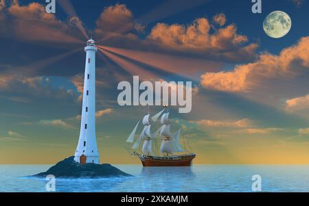 Lighthouse & Sailing Ship Stock Photo