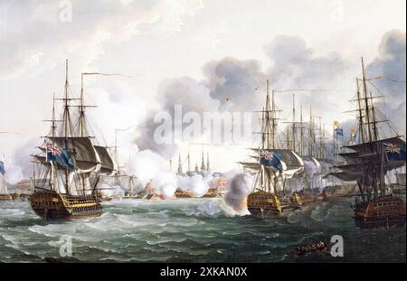 BATTLE OF  COPENHAGEN  2  April 1801 Detail of painting by John Serres with the British fleet at right flying the Blue Ensign. Stock Photo